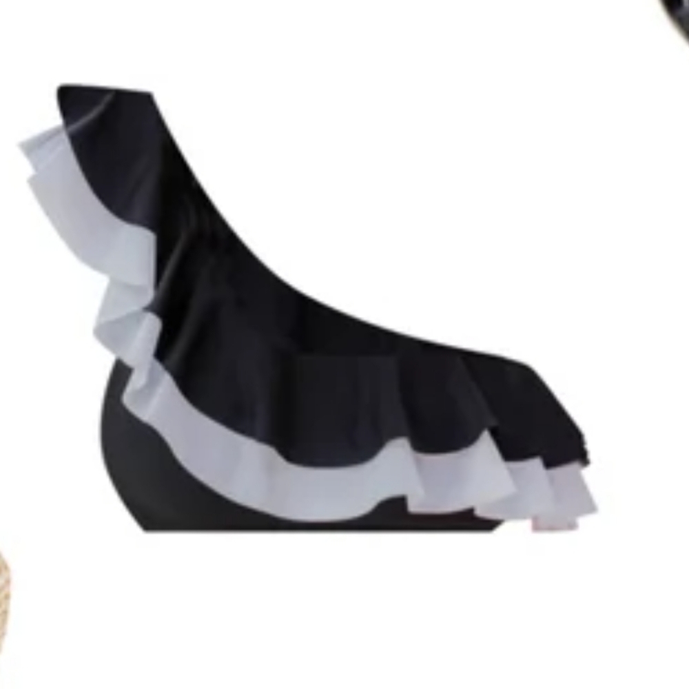 Black and white ruffle one shoulder swim top